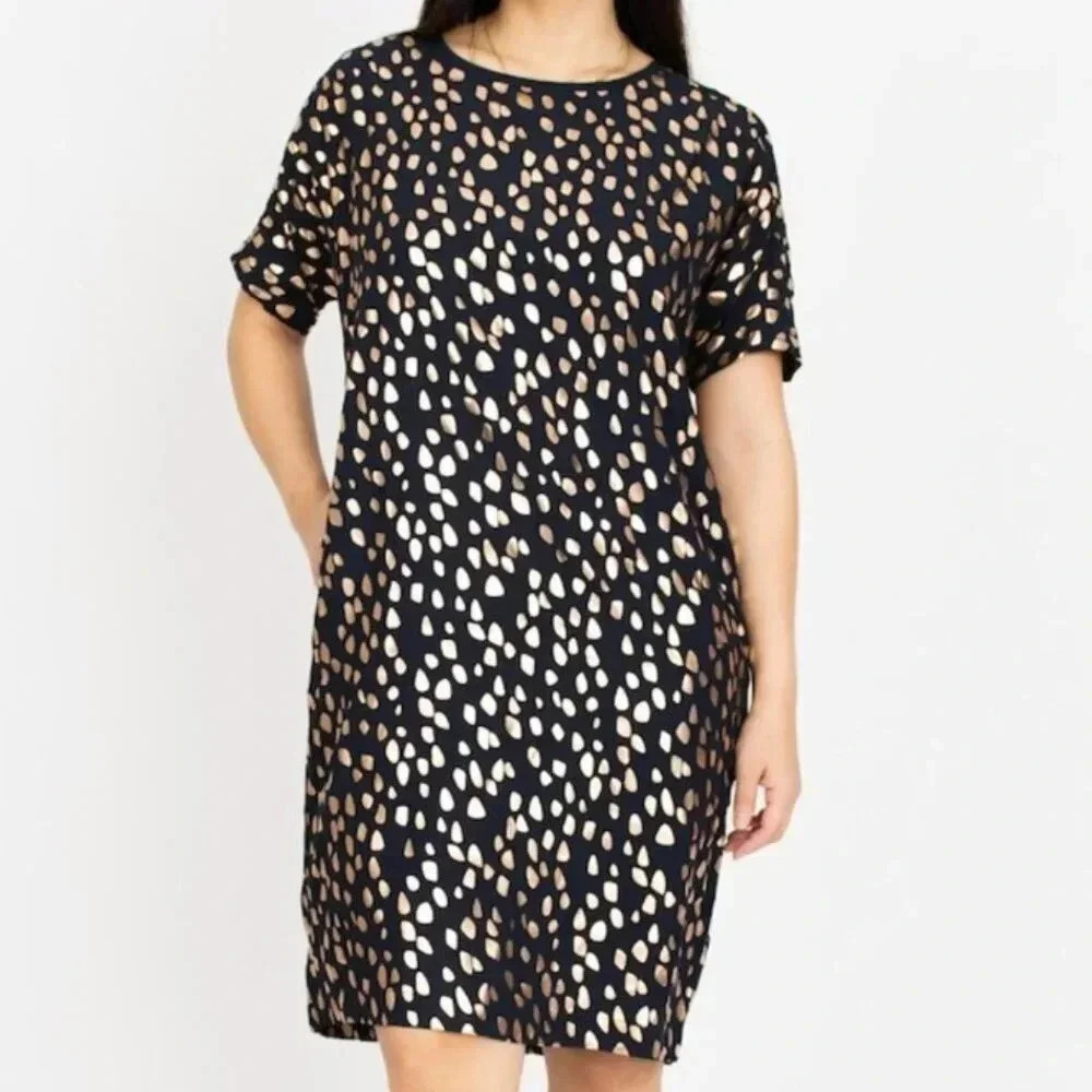 ELK Shift Dress Blue and Gold Foil Droplet Polka Dot Print Size US 6